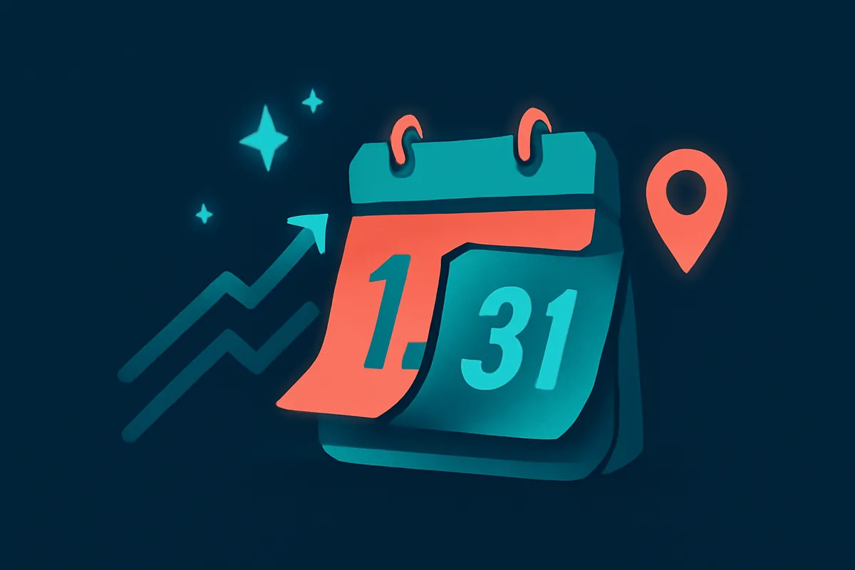 A new-year calendar with upward trend lines, AI sparkles and a map pin