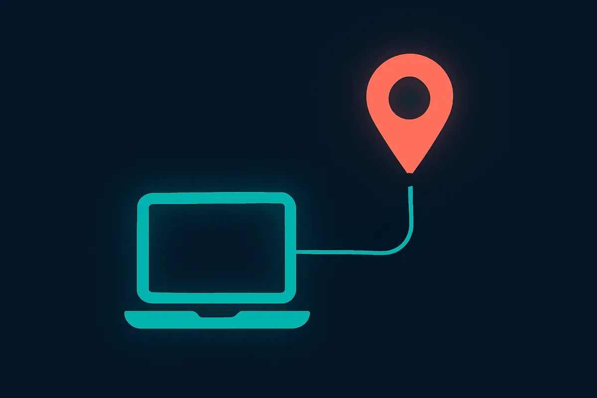 A laptop connected to a map pin