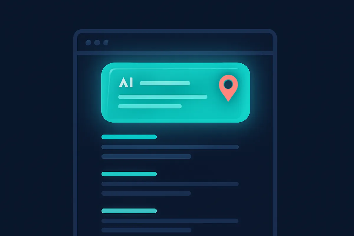 A search page with an AI summary box and a map pin