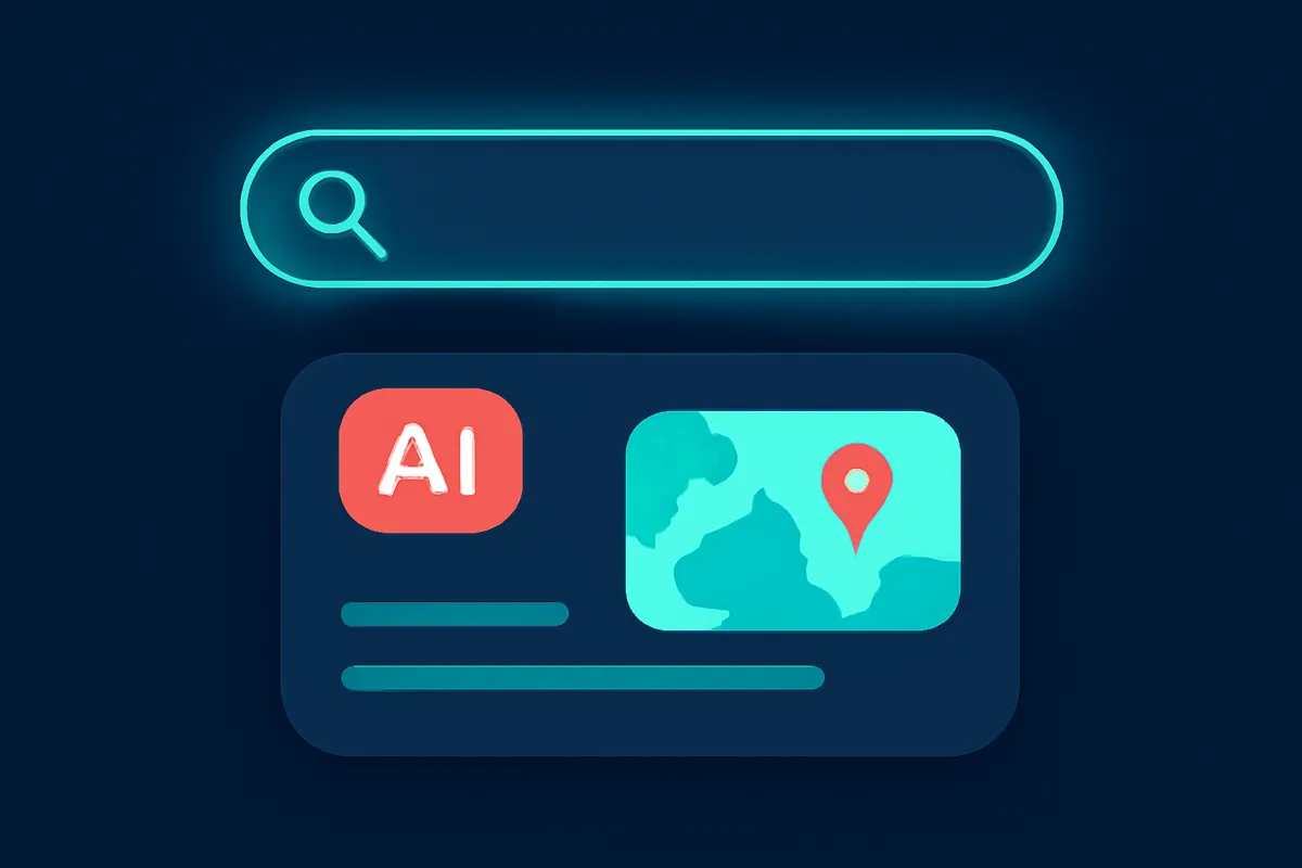 A search bar becoming an AI answer with a map