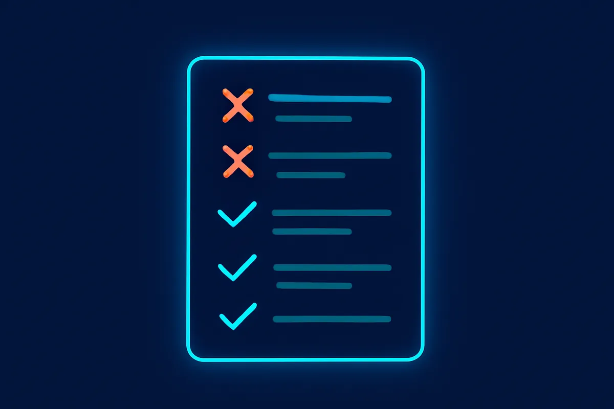 A checklist with crossed-out mistakes and green checks