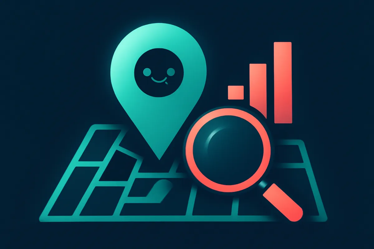 A map pin on a neighborhood map with a magnifying glass and ranking bars