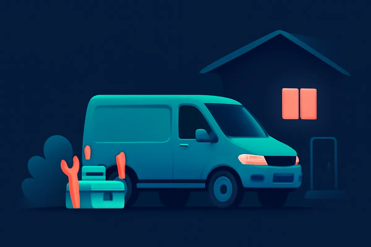 A home-services van and toolkit outside a house