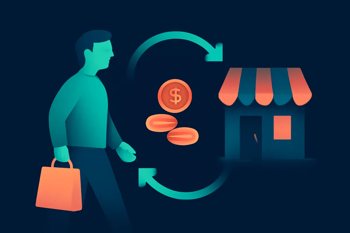 A returning customer with a loyalty loop and coins