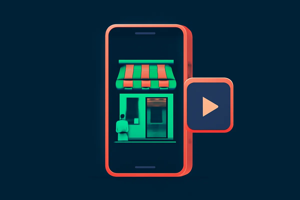 A phone filming a short vertical video of a local business