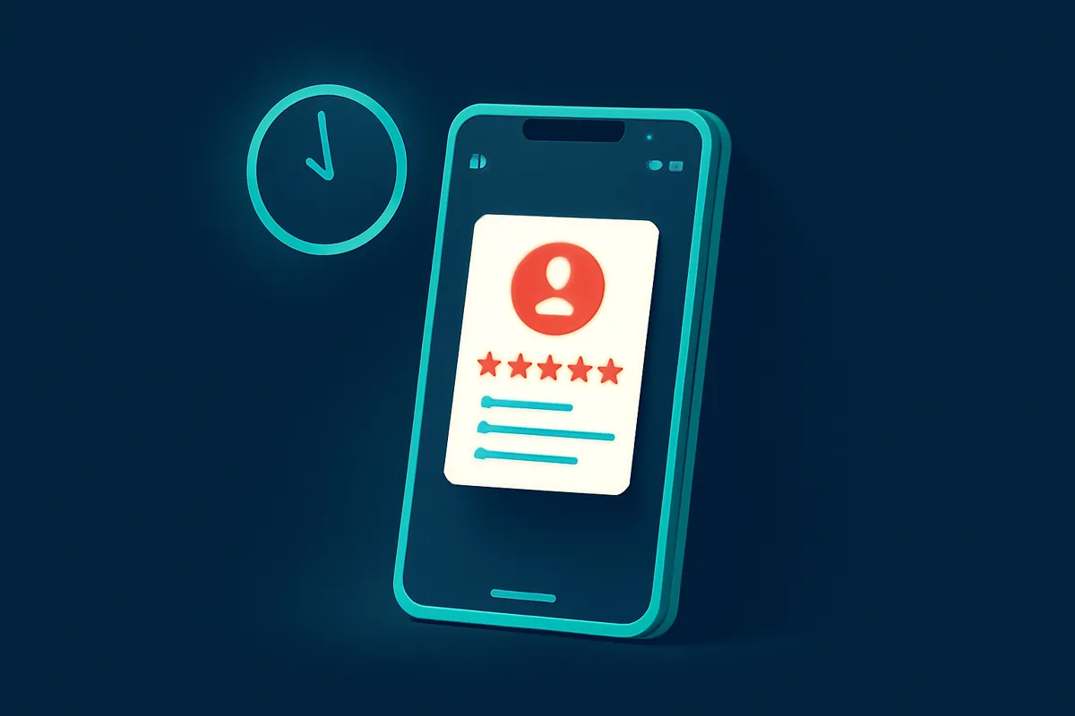 A phone showing a social post created from a customer review with a clock icon