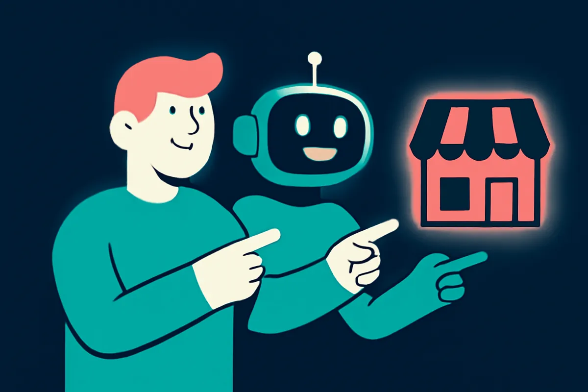 A person and an AI assistant both recommending a local shop