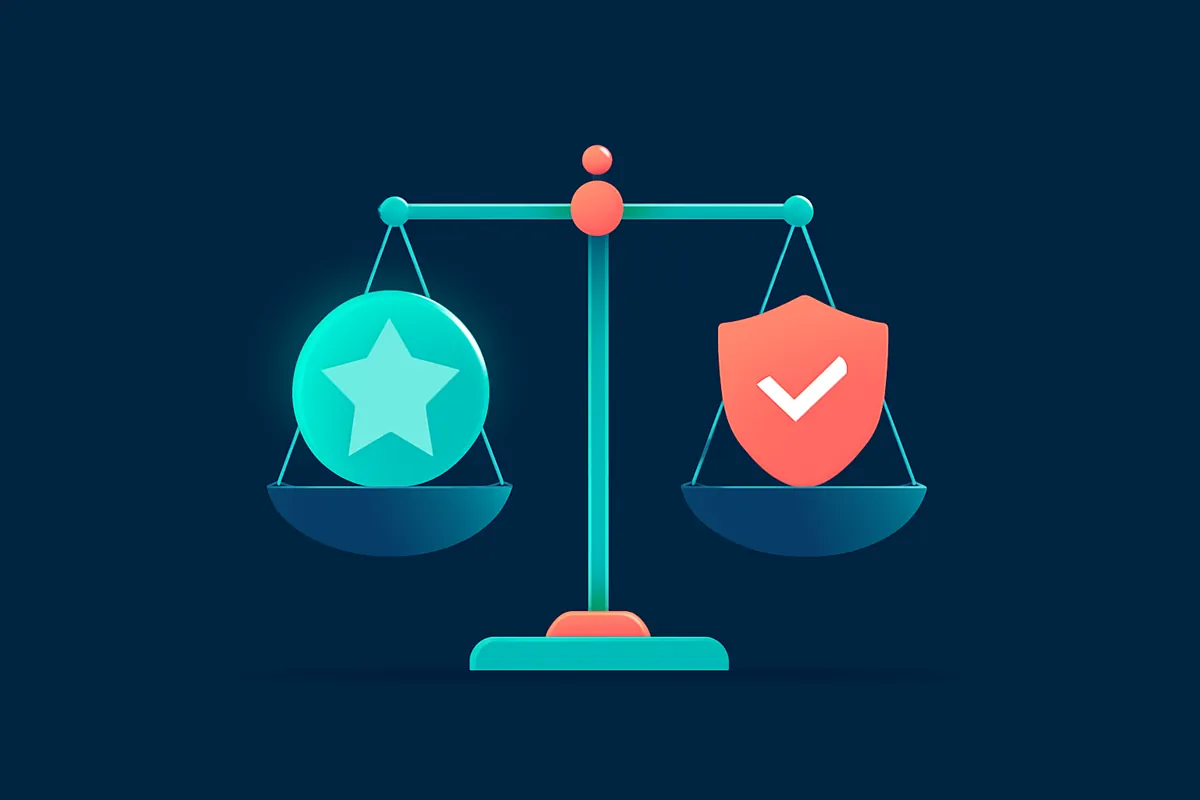 A balanced scale with a five-star badge and a trust shield