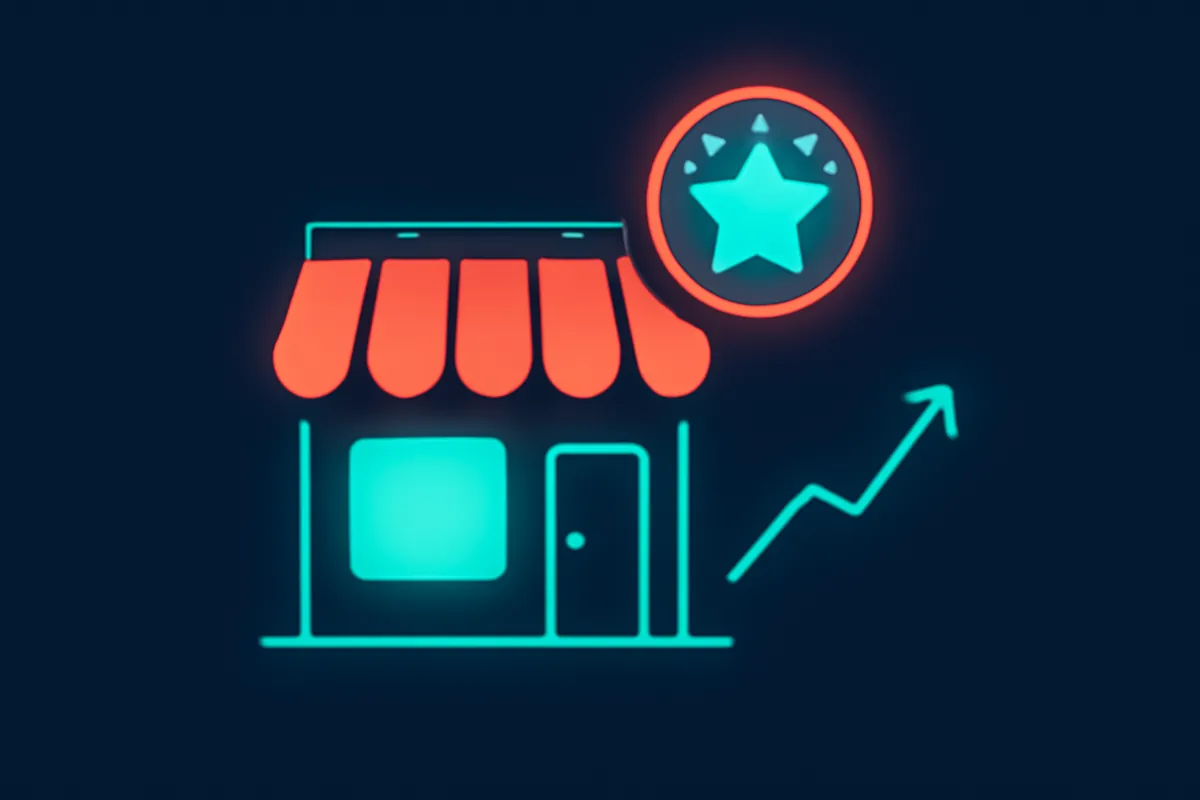 A local storefront with a five-star review badge and a rising revenue graph