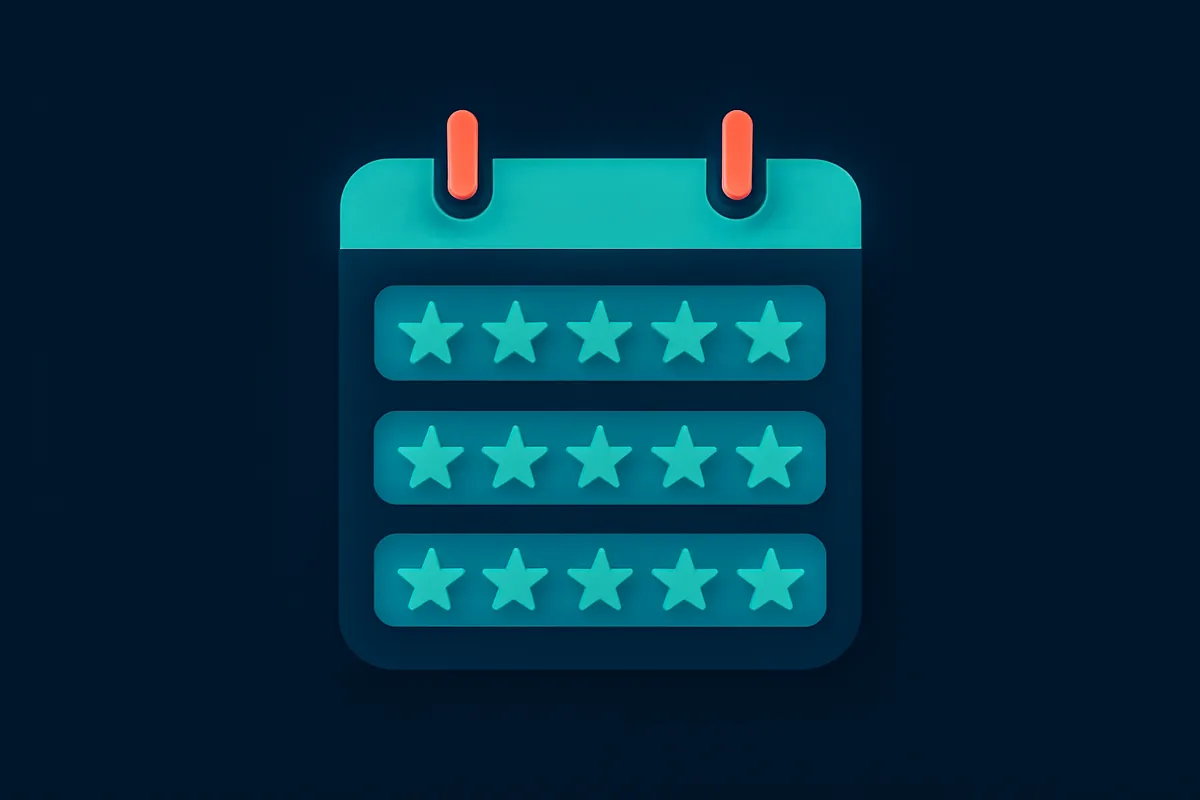 A calendar showing fresh five-star reviews each week
